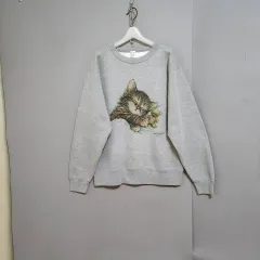 ss週末特価ss 猫絵 かわいい 起毛 スウェット L n2726