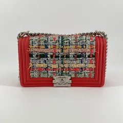 CHANEL（シャネル）ボーイシャネル　ツイード　レザー　チェーン　ショルダー　バッグ　20番台　サーモンピンク