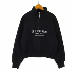 ジーユー GU 24AW ヘビーウェイト スウェット グラフィック プルオーバー トレーナー ハーフジップ ハイネック 英字 刺繍 裏フリース コットン ストレッチ 長袖 M 黒 ブラック オフ白 美品