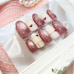 【現品】ネイルチップ　ピンク　白　ハート　チェック