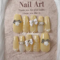 ネイルチップ　現品　フレンチガーリー　ちゅるん　ニュアンス　バレエコア　ワンホン　韓国　メンカラ　推しネイル　y2k  夢かわ　ツイード　バレエコア　イエロー　黄色　メンカラ　推し