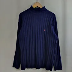 POLO RALPH LAUREN ポロ ラルフローレン ニット セーター ハイネック リブ編み 畦編み 長袖 古着 ポニー 刺繍 ネイビー系 L A423