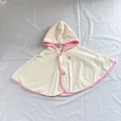 美品 日本製 miki HOUSE ミキハウス 女の子 子供用 ベビー 赤ちゃん フード付き ポンチョ マント ケープ F 70 〜 90㎝ ホワイト アイボリー ピンク 水玉 パイピング ハート ウサギ アニマル 薄手 かわいい