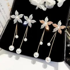 ピアス レディース 花 フラワー オーロラ 揺れる バックキャッチ 2Way パール スタッドピアス 大ぶり ロング ビジュー シルバー ピンク キュービックジルコニア 華やか おしゃれ 韓国 ファッション 結婚式 パーティー 発表会 プレゼント 送料無料