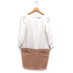 ロペ ROPE 切替 ワンピース 7分袖 ボートネック ひざ丈 リボン付きポケット 38 ホワイト 白 ベージュ /FT31