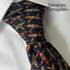 《美品》Salvatore Ferragamo (サルヴァトーレフェラガモ) シルクネクタイ イタリア製 総柄 カヤック パターン ネイビー レッド オレンジ イエロー ブラウン ホワイト