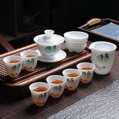 「高山流水」手描き 羊脂玉磁器 光沢仕上げ 茶器11点セット 父の日 母の日 プレゼント 茶器セット 急須セット 日本茶セット 茶具 ギフト 工