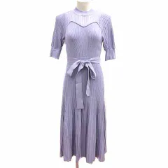 マーキュリーデュオ MERCURYDUO ワンピース フレア ロング ニット ハイネック ウエストマーク 七分袖 F 紫 パープル /YK