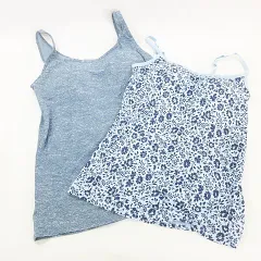ユニクロ UNIQLO タンクトップ キャミソール 2枚セット エアリズム カップ付き 総柄 ヘザー フラワー 青 ブルー M