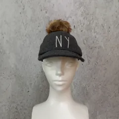 ウール混 ファーポンポン付き キャップ 英字刺繍 チャコールグレー Sサイズ ◎_〇◇