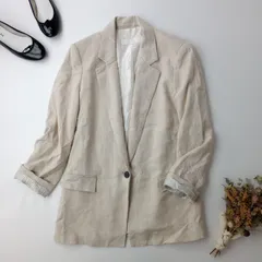 ZARA ザラ プリント柄 カフス リネンブレザー ジャケット テーラード 羽織 M ナチュラル キナリ系(57K＋7929)26H