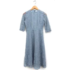 LACE LADIES レース フレア ワンピース 7分袖 ロング フォーマルドレス S グレー 灰 /FT31