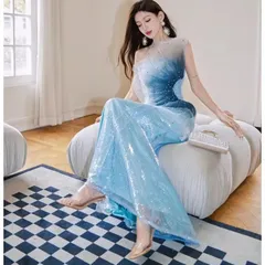 新品 未使用 グラデーションブルー ブルーグリーン 立体チュール スパンコール マーメイド ロングワンピース フォーマルドレス お呼ばれ 披