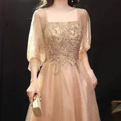 【新品 未使用】刺繍が美しい 袖あり ロングイブニングドレス 大人可愛い（おとなかわいい）スカート モード ロマンチックドレス クラシカ