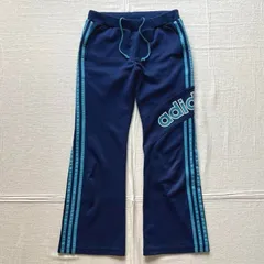 00s　archive　old adidas　オールドアディダス　両面ロゴプリント　#3ナンバリング刺繍　フレアシルエット　トラックパンツ　イージーパンツ　3 stripes　サイドライン　ネイビー　S　Y2K　平成ギャル　flare track pants