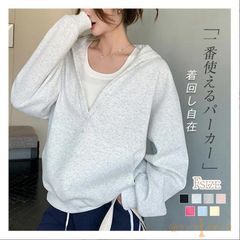 파커 즉구 OK 스웨트 후디 레이디스 가을 겨울 푸드 파커 트레이너 후드 첨부 긴소매 V넥 겹쳐 입고 깊은 v넥 튜닉 아우터 레이어드 풀오버 느긋한 체형 커버 세련된 무지 weixz274