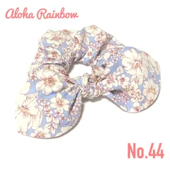 ☘️No.44☘️ リボン シュシュ 花柄 ブルーパープル ハンドメイド ヘアゴム うさ耳