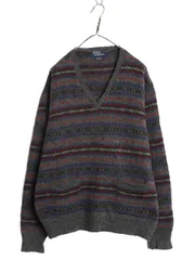 【お得なクーポン配布中!】 80s イギリス製 ★ ポロ ラルフローレン Vネック ウール ニット セーター メンズ XL ヴィンテージ ポケット付き フェアアイル マルチカラー