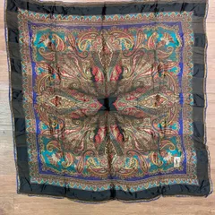 【塩】ヴィンテージ品 YSL YVES SAINT LAURENT イヴサンローラン 大判シルクスカーフ 黒×ペイズリー【22210MO】A22