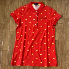 送料込】パーリーゲイツ　半袖ポロシャツ　ロゴ刺繍　総柄　ラビット　うさぎ　レディースSサイズ相当　 半袖ポロシャツ ゴルフウェア　オレンジ系