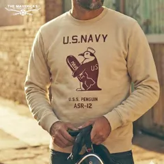 新品 ミリタリー スウェット トレーナー THE MAVERICKS ブランド メンズ 長袖 10oz 裏起毛 米海軍ペンギン USS.PENGUIN ベージュ S M L XL XXL 2L 3L