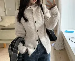 ハイネック バイカラー ルーズフィット カーディガン アイボリー