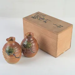 瀬戸焼　竹里庵　葵窯　加藤春二作　葉文　燗徳利　一對　共箱　N　S615
