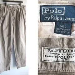 希少 90sビンテージ Polo Ralph Lauren ラルフローレン ANDREW PANT ロゴワッペン 2タック チノパンツ w38T ベージュ RN41381正規 USA企画