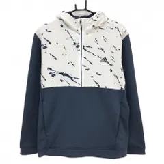 アディダス フード付きブルゾン ネイビー×白 ハーフジップ 上部総柄 裏起毛  メンズ L ゴルフウェア adidas