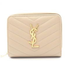極美品】YSL ミニ財布 ベージュ ゴールドロゴ 二つ折り ウォレット 