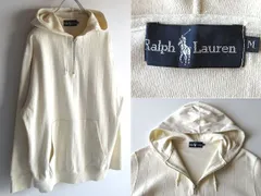 希少 90sビンテージ Ralph Lauren ラルフローレン コットン 針抜きリブ ハーフジップ プルオーバー パーカー M エクリュ