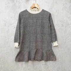 ワンピース フリル裾 フリルネック チェック カジュアル ブラック ホワイト ◎、〇◇
