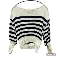 MN4 SNIDEL スナイデル ニット 七分袖 ナイロン レーヨン ボーダー 肩ドットガラチュール切替 レディース  F ネイビー 2000000149202