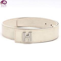 HERMES エルメス H ベルト 65 ▢D刻印 アイボリー/ホワイト系カラー Hバックル ギョーシェ彫り シルバーカラーメタル 箱