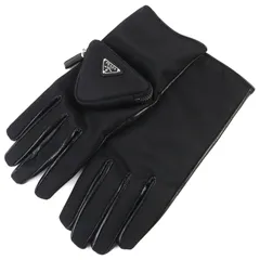 美品△PRADA プラダ 2GG137 トライアングルロゴポーチ RE-NYLON ラムレザー グローブ 手袋 ブラック 8 箱付き イタリア製 正規品 メンズ