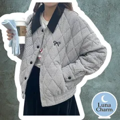 中綿ジャケット チェック キルティング グレー ボタン 冬 スッキリ フリーサイズ