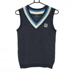 【美品】パーリーゲイツ ニットベスト ネイビー×カーキ 総柄編み ウール混 Vネック  レディース 1(M) ゴルフウェア PEARLY GATES