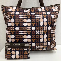 8715　LeSportsac　レスポートサック　トートバッグ　ハンドバッグ　肩がけ　総柄　茶　ブラウン　ベージュ　黒　ブラック　大容量　軽量　ナイロン　ポーチ付き