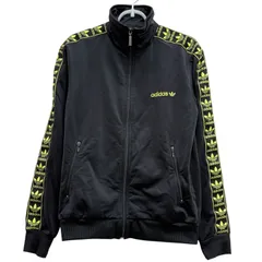 【アディダス adidas Originals】 希少 90s トレフォイル 刺繍 サイドロゴ ロゴテープ トラックジャケット ジャージ M 黒 黄緑 ブラック×ライトグリーン 万国旗