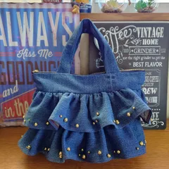 185☆USEDダメージデニムリメイク☆2段フリル☆ファスナートートバッグ☆ゴールドビーズ飾り☆