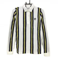 ジャックバニー 長袖ポロシャツ 白×ネイビー×イエロー ストライプ ワッペン  レディース 2(L) ゴルフウェア Jack Bunny