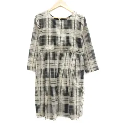 レイビームス Ray Beams ワンピース ひざ丈 七分袖 ラウンドネック 0 チェック柄 ベージュ ブラック 黒 /YM16