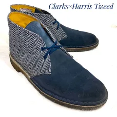 【希少モデル】Clarks×Harris Tweed クラークス×ハリスツイード スウェード デザートブーツ チャッカブーツ ヘリンボーン 紺 ネイビー 26cm　革靴 ブーツ カジュアル 本革 本皮 メンズ