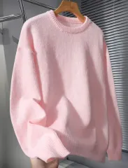 単色 ラウンド ネック 長袖 ピンク ニット