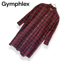 Gymphlex ジムフレックス レッド×ブラック チェック柄 シャツワンピース コットン100% 日本製 Lサイズ相当 レディース 長袖 ボタン留め カジュアル 929KZ