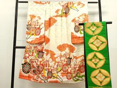 平和屋着物[]七五三　女の子　７歳　祝着　四つ身　袋帯セット　駒刺繍　雲取り御所車花文　暈し染め　金彩　逸品　CAAT6107ze