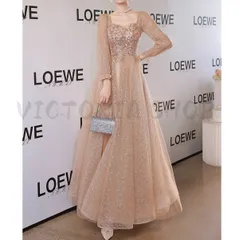 カラードレス カクテルドレス ロングドレス パーティードレス シャンパンカラー 発表会 演奏会 ステージ 袖付き 長袖 イブニングドレス ラメ キラキラ 上品 1240