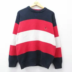 L/古着 トミーヒルフィガー 長袖 ブランド セーター メンズ 90年代 90s ワンポイントロゴ コットン クルーネック 赤他 ボーダー【spe】 25nov11