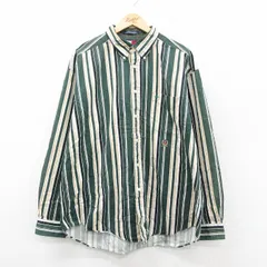 XL/古着 トミーヒルフィガー 長袖 ブランド シャツ メンズ 90年代 90s ワンポイントロゴ 大きいサイズ コットン ボタンダウン 緑他 ストライプ 25nov11