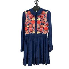 MN4  Manoush マヌーシュ ワンピース レディース　38(M) ネイビー　長袖ワンピース　シルク　シャツカラー　フラワー刺繍　フロントボタン　ウエストギャザー　膝丈　 2000000326139